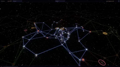 A 3D star map with glowing blue lanes linking systems at the center, and fainter amber, green and red lane networks spreading out to the edges.