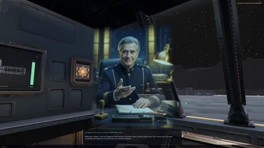 A hologram of a grey-haired official in a navy uniform, seated at a desk with a rubber stamp and a brass lamp, projected in a ship's cockpit. A subtitle reads: Welcome, Captain.