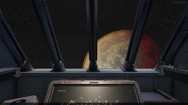 A mottled tan and red planet seen through the struts of the cockpit window, the navigation console glowing below.