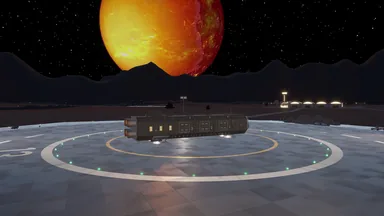 A long dark cargo ship with numbered hull sections sits on a landing pad at night, a glowing orange and red planet above the mountains behind it.
